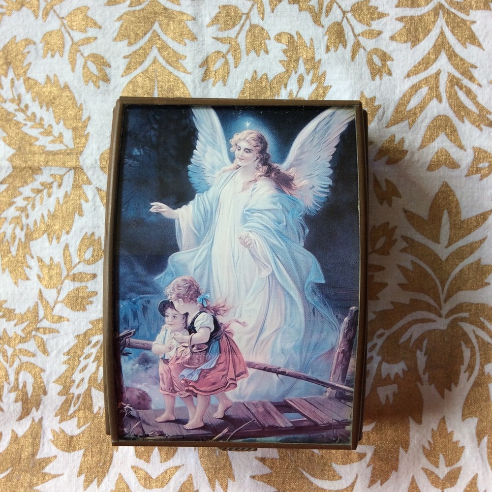 Vintage Via Vermont Guardian Angel Glass Brass Box
